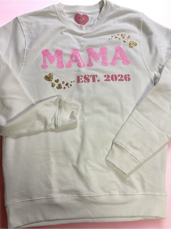 Sweaters - SWEATER MOM White 'MAMA EST. 2026' Sweatshirt with Pink Glitter